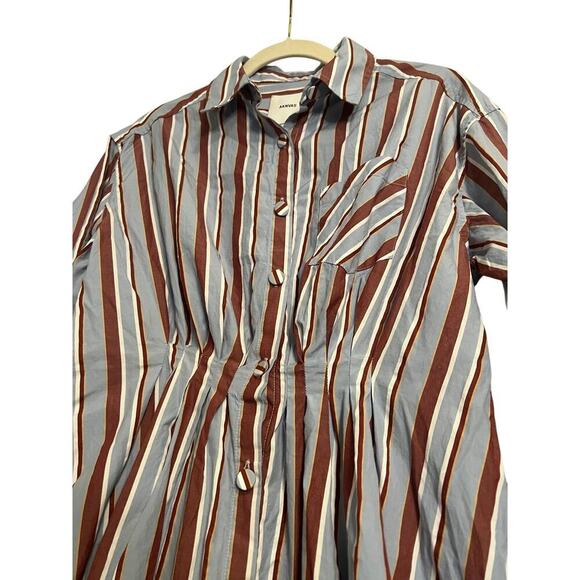 AKNVAS Blue White Striped Long Sleeve Button Down Pocket Pleated Top Sz 4 - Picture 5 of 6